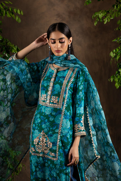 Blue printed georgette kurta set.