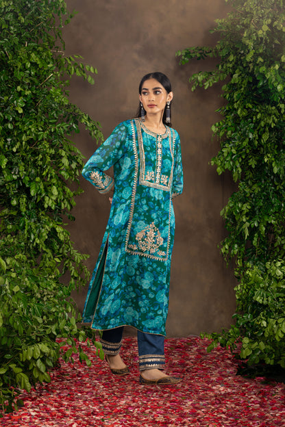 Blue printed georgette kurta set.