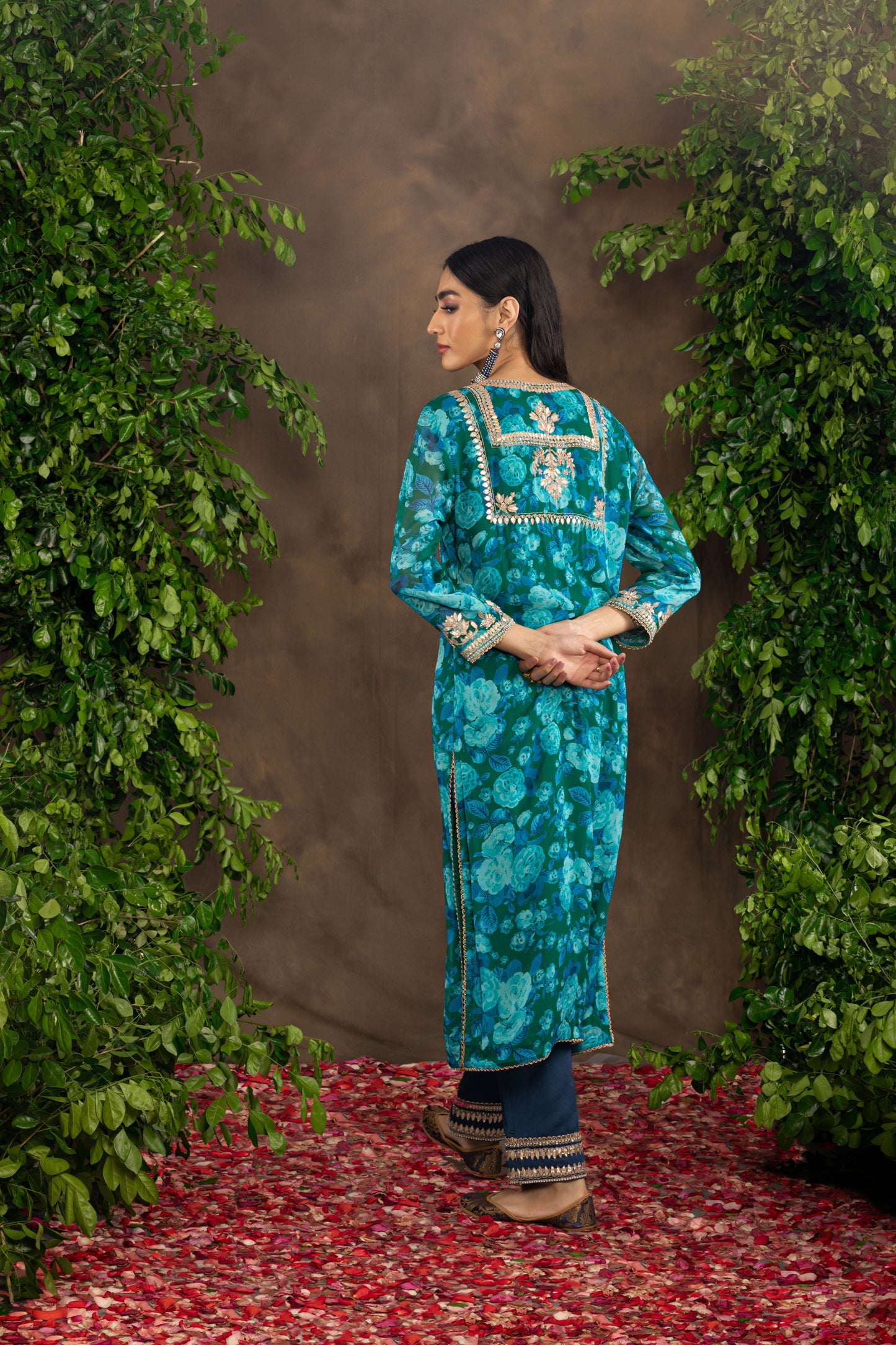 Blue printed georgette kurta set.