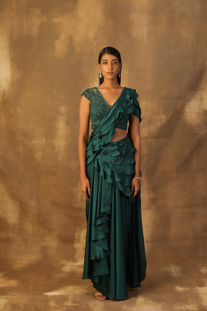 Green drape sari with frill palla