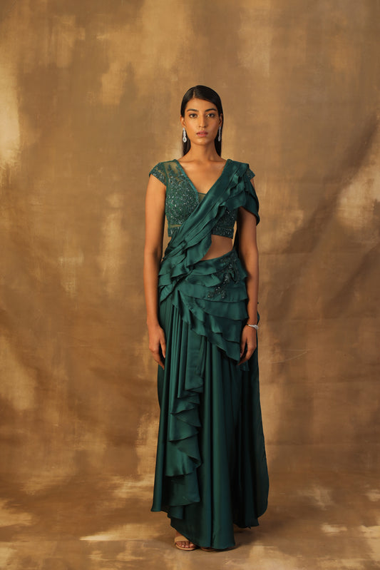 Green drape sari with frill palla