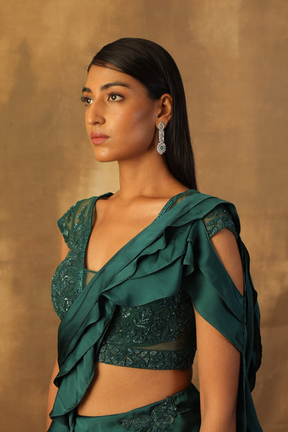 Green drape sari with frill palla