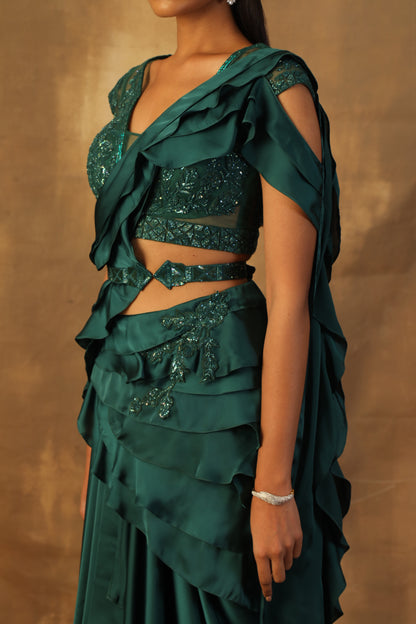 Green drape sari with frill palla