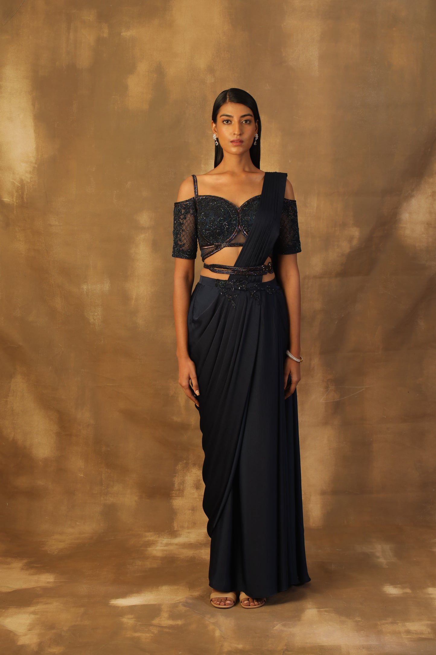 Midnight blue drape sari with blouse