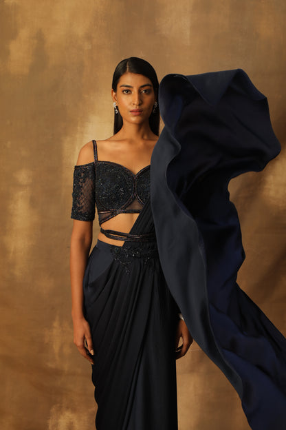 Midnight blue drape sari with blouse