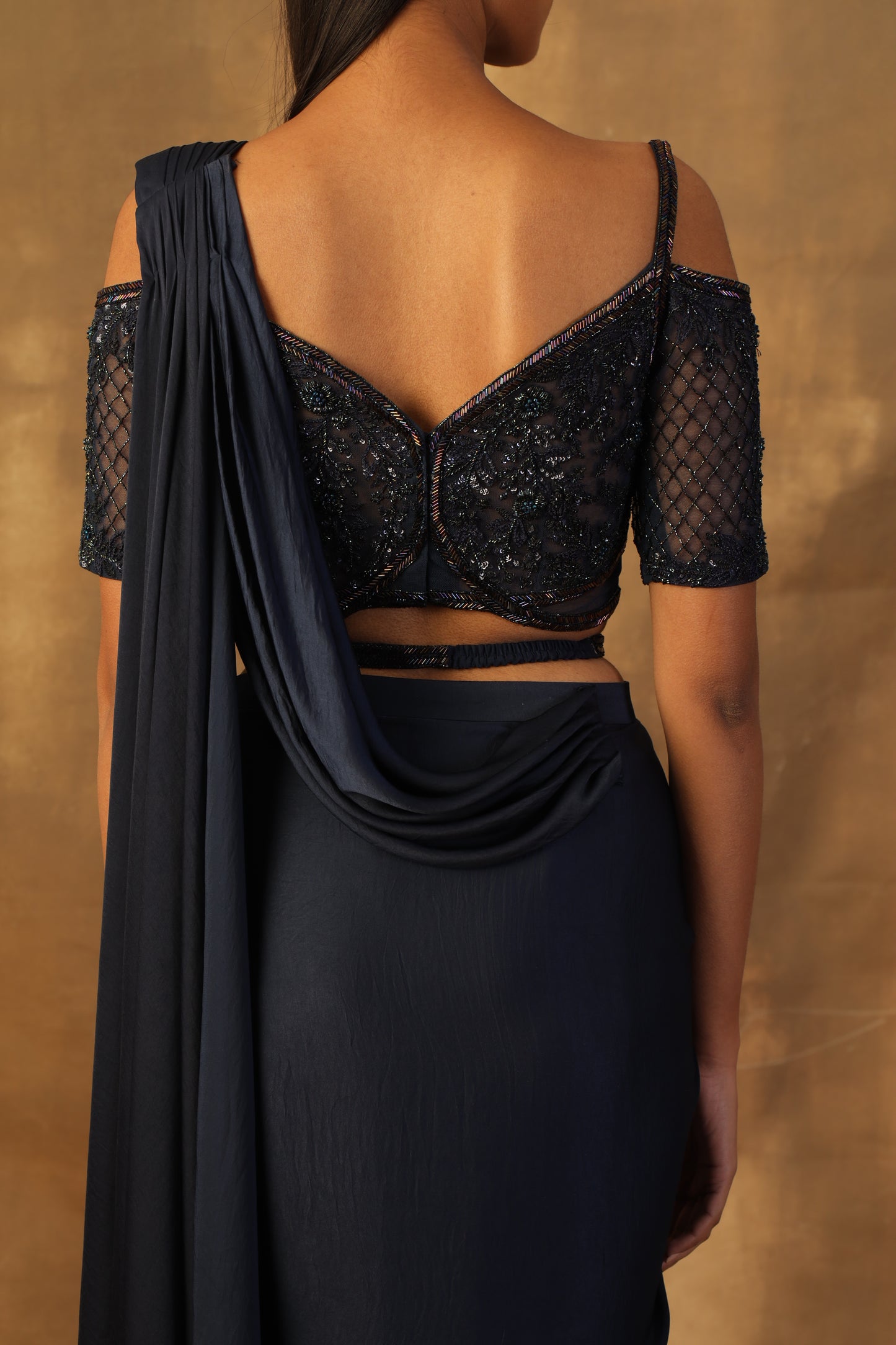 Midnight blue drape sari with blouse