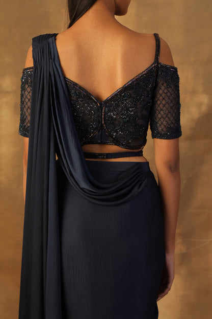 Midnight blue drape sari with blouse
