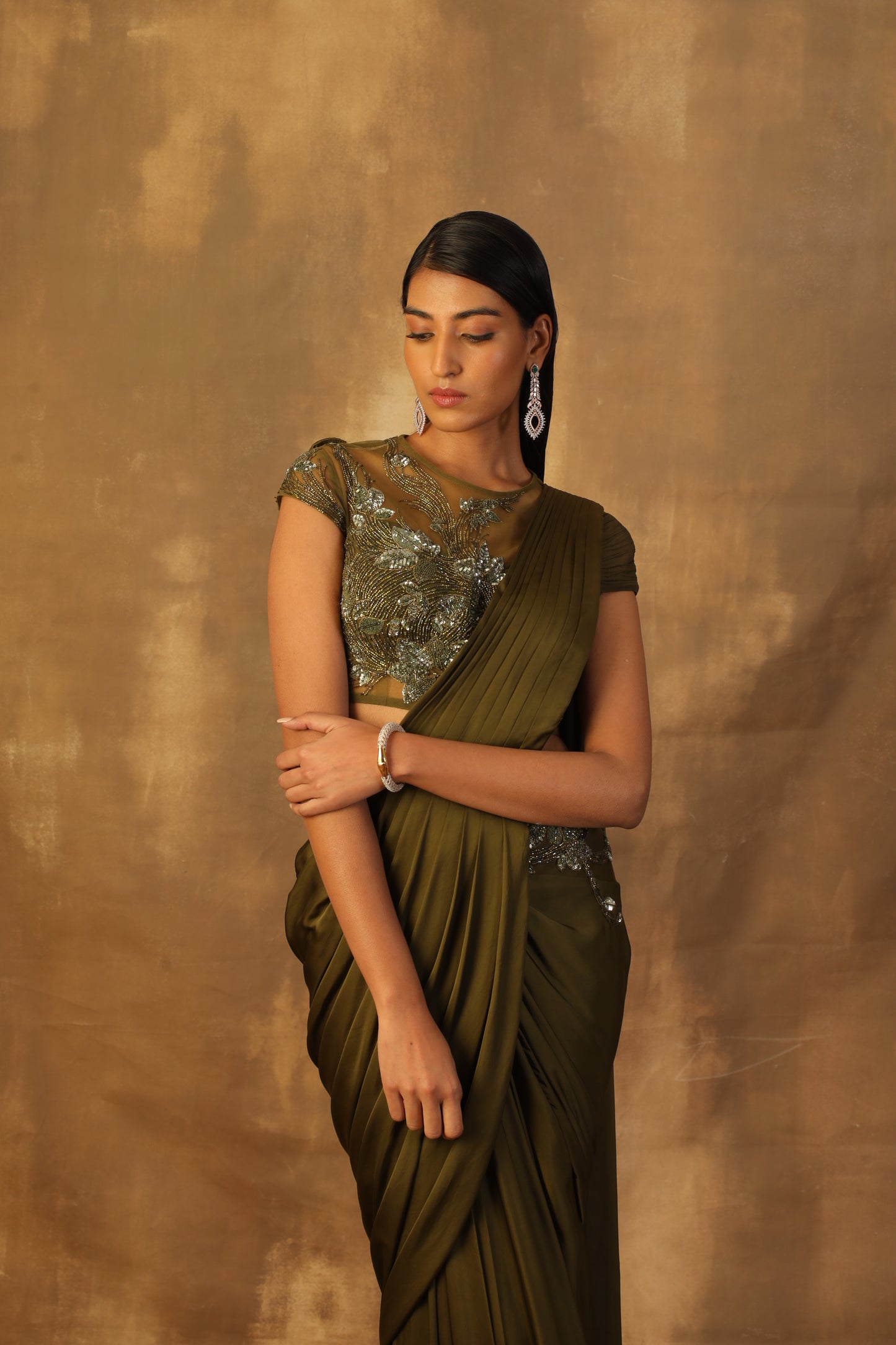 Mehndi green drape sari with rooshing and sequins embroidery blouse