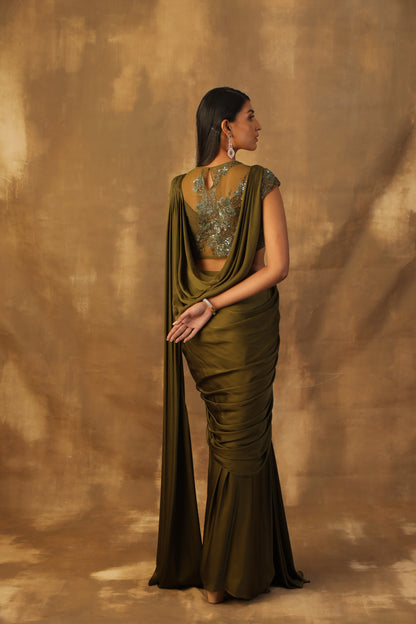 Mehndi green drape sari with rooshing and sequins embroidery blouse