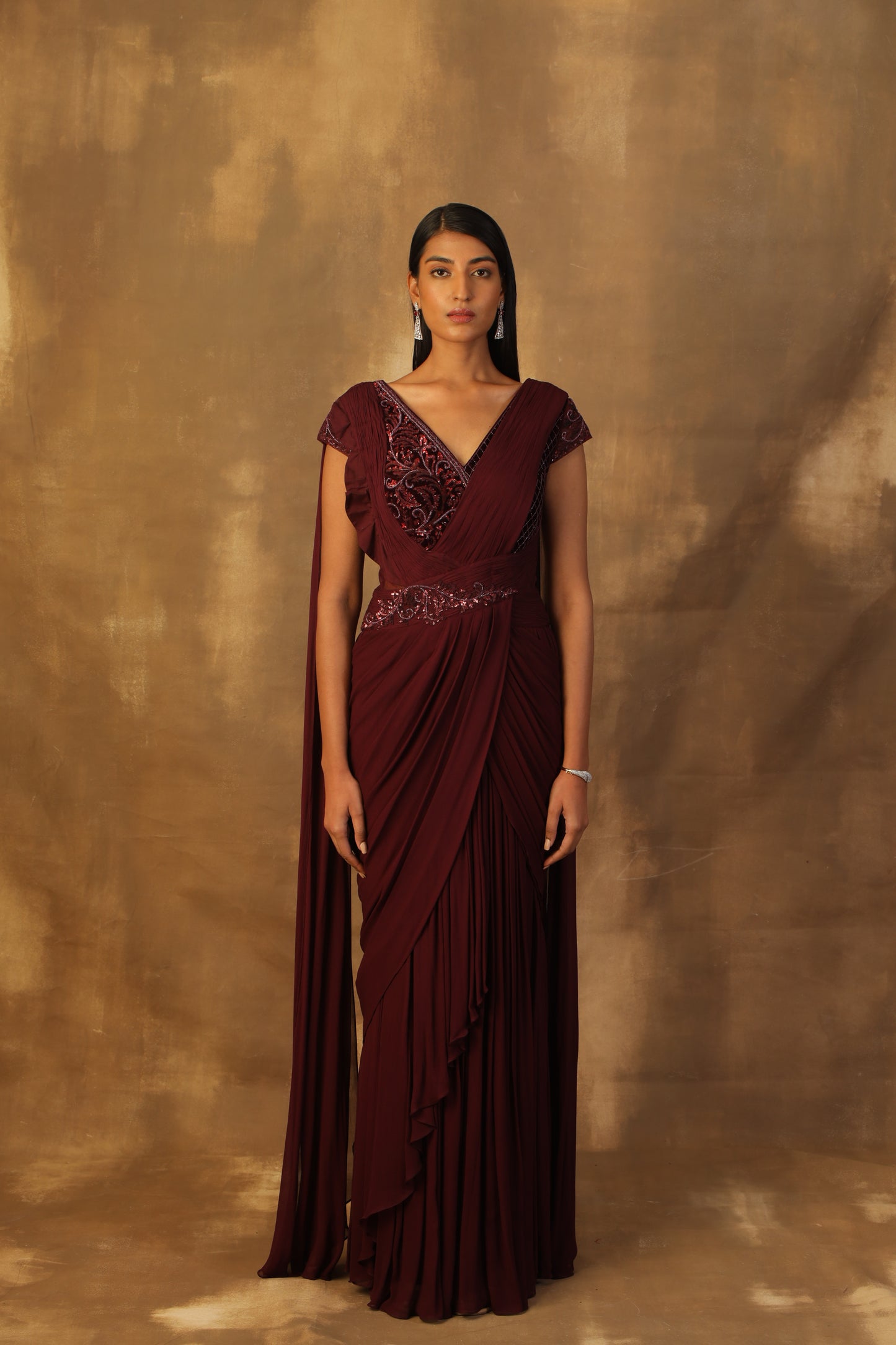 Wine drape sari with velvette body embroidered with beads