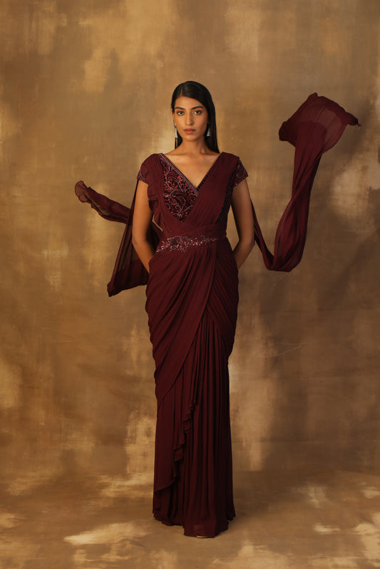 Wine drape sari with velvette body embroidered with beads