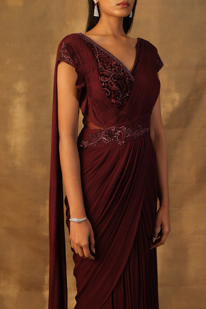 Wine drape sari with velvette body embroidered with beads