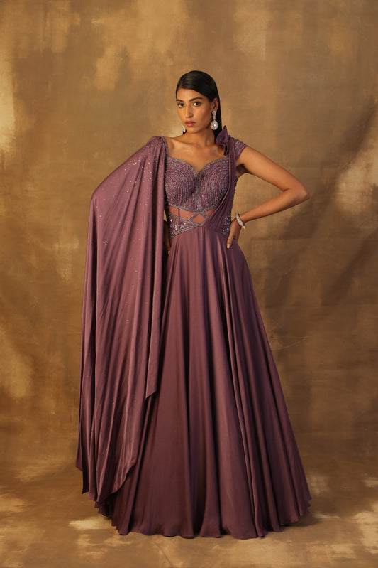 Purple modal satin gown with sequin and crystal embroidery combined with glass beads