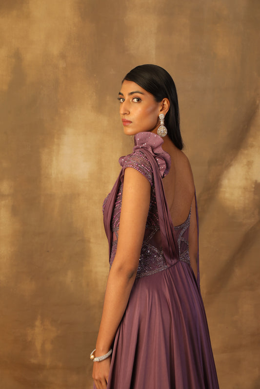 Purple modal satin gown with sequin and crystal embroidery combined with glass beads