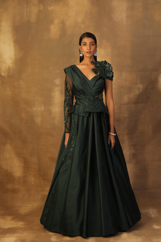 Bottle green tafeta gown embroidered with sequin and beads