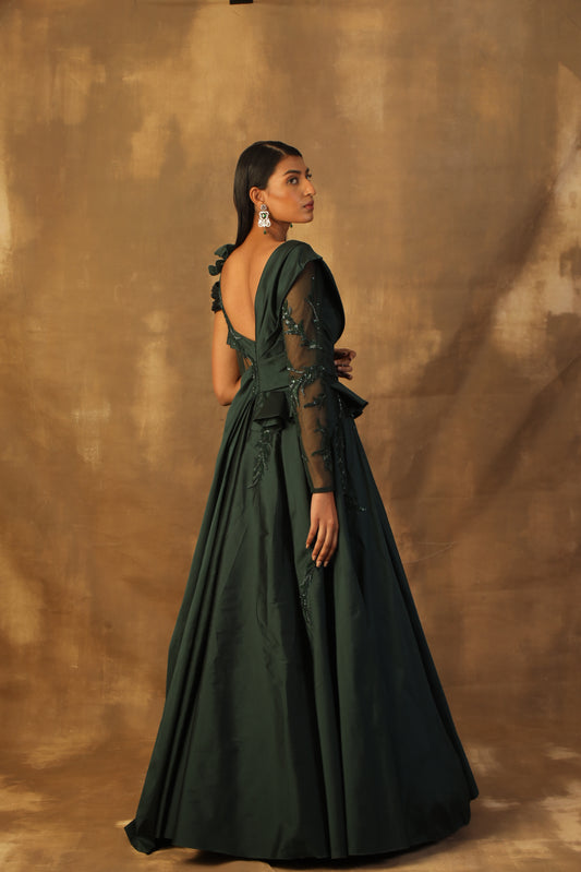 Bottle green tafeta gown embroidered with sequin and beads