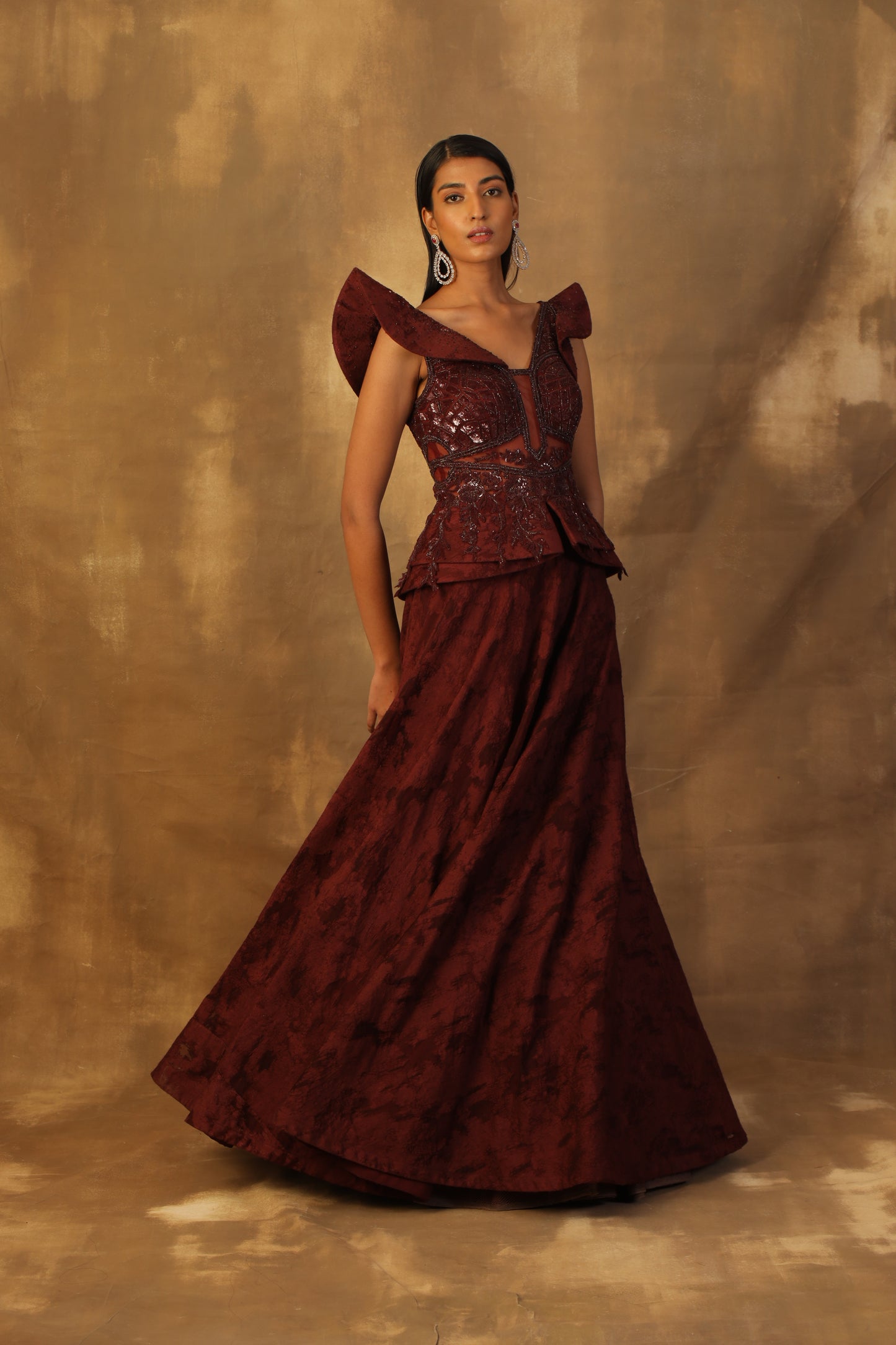 wine peplum style gown with center back opening