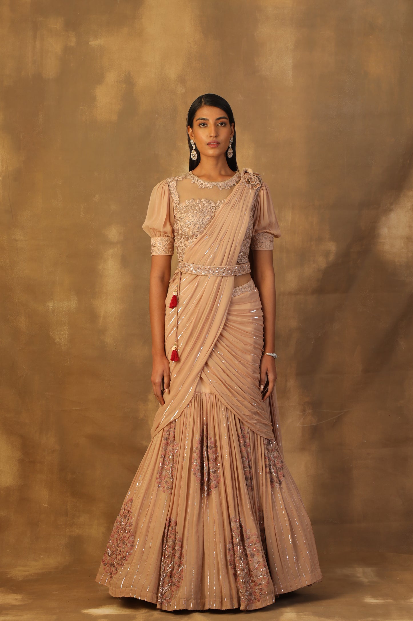 Dusty rose gold lehnga sari with blouse and drape dupatta