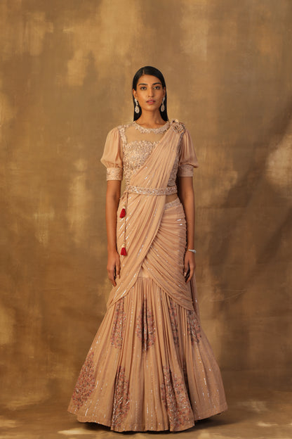 Dusty rose gold lehnga sari with blouse and drape dupatta