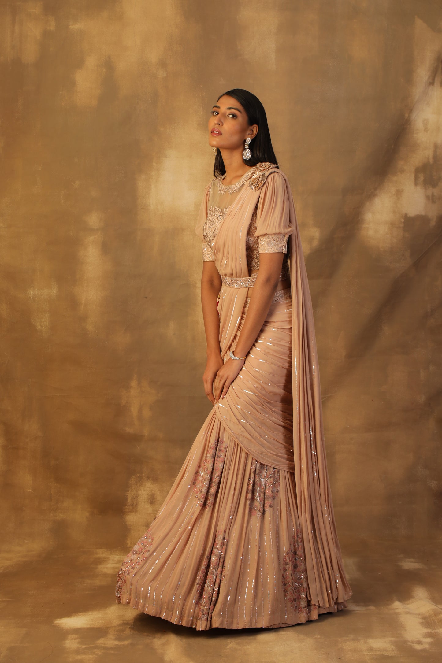 Dusty rose gold lehnga sari with blouse and drape dupatta
