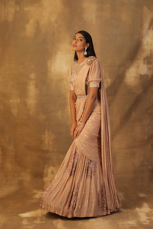 Dusty rose gold lehnga sari with blouse and drape dupatta