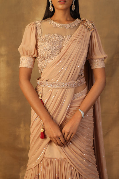 Dusty rose gold lehnga sari with blouse and drape dupatta