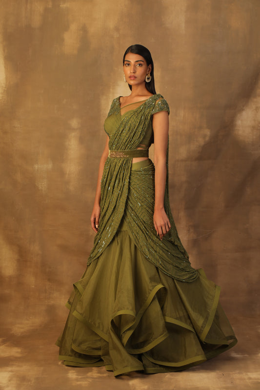 Mehndi green Lehnga sari with rooshing and sequins embroidery blouse