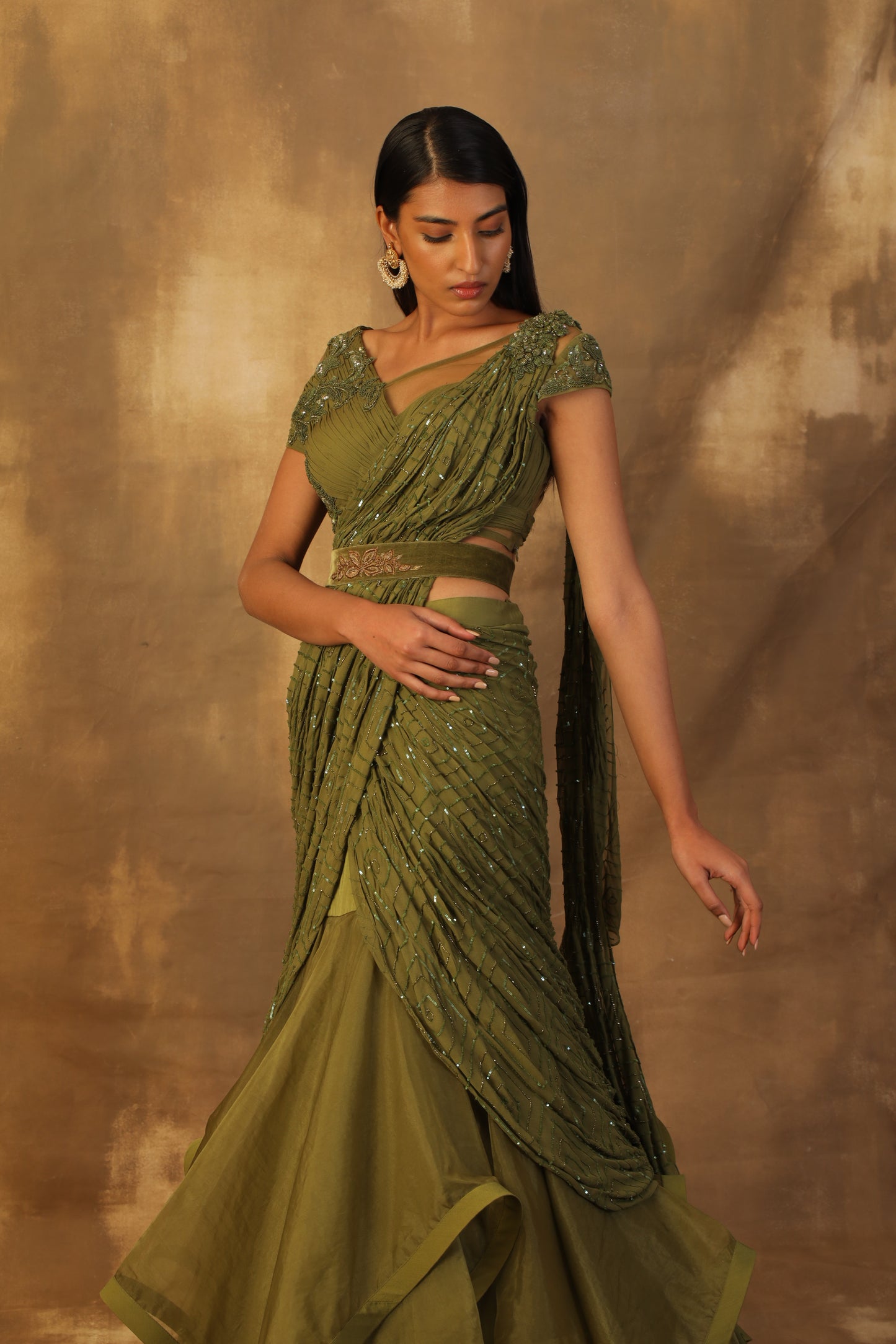 Mehndi green Lehnga sari with rooshing and sequins embroidery blouse