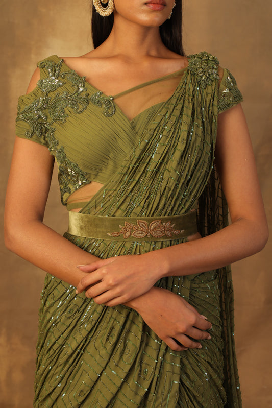 Mehndi green Lehnga sari with rooshing and sequins embroidery blouse