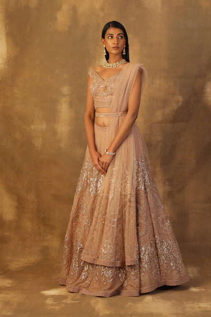 Dusty rose gold lehnga with blouse and dupatta