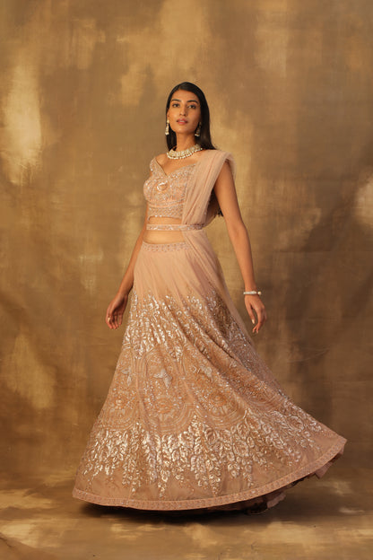 Dusty rose gold lehnga with blouse and dupatta