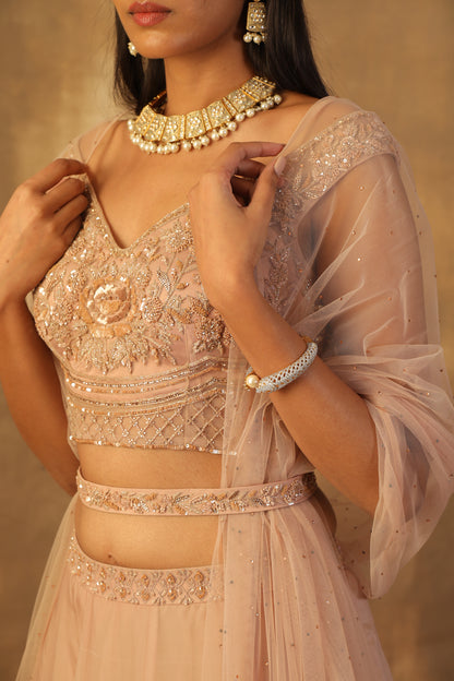 Dusty rose gold lehnga with blouse and dupatta
