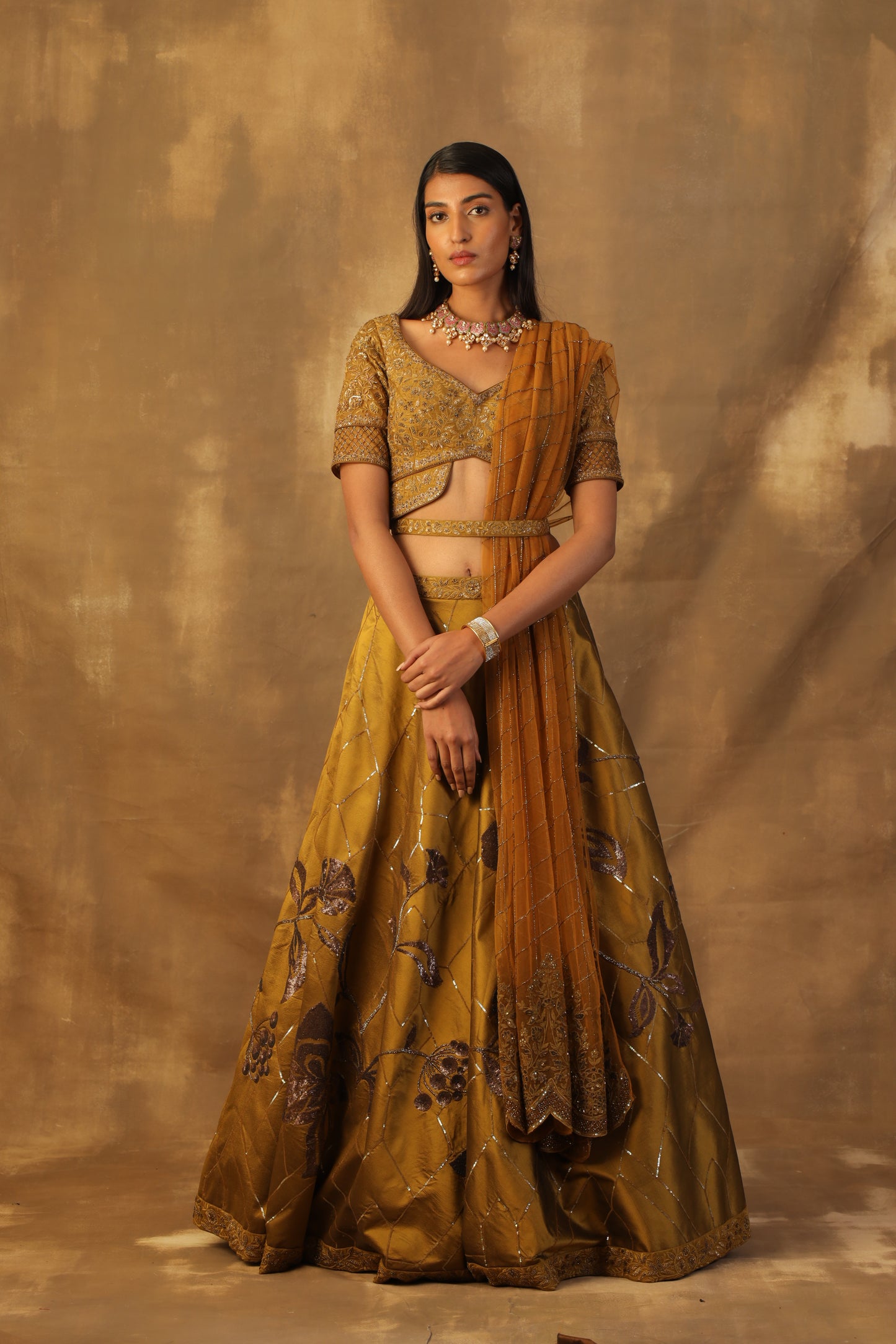 Mustard -Green lehnga set with silk blouse and net dupatta