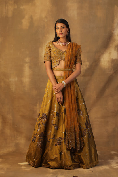 Mustard -Green lehnga set with silk blouse and net dupatta