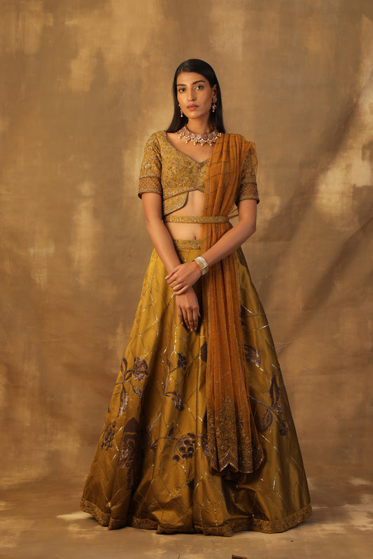 Mustard -Green lehnga set with silk blouse and net dupatta