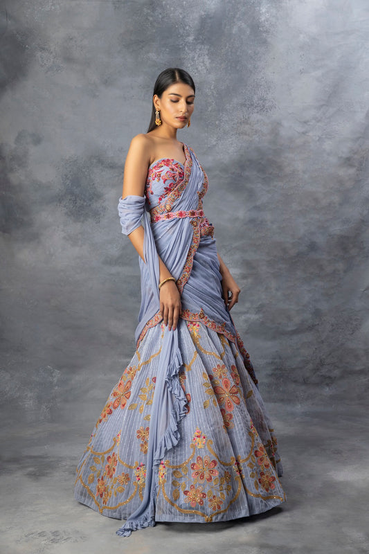 Ink Blue Lehenga Saree Set