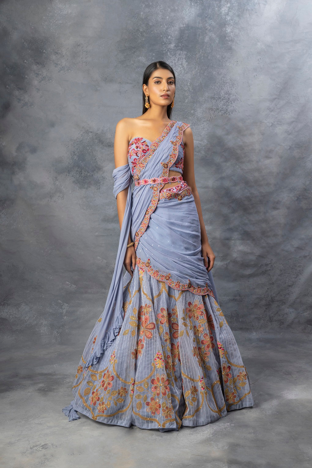 Ink Blue Lehenga Saree Set