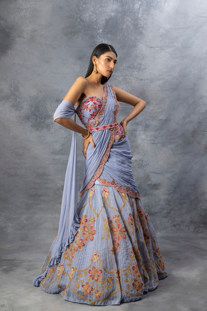 Ink Blue Lehenga Saree Set