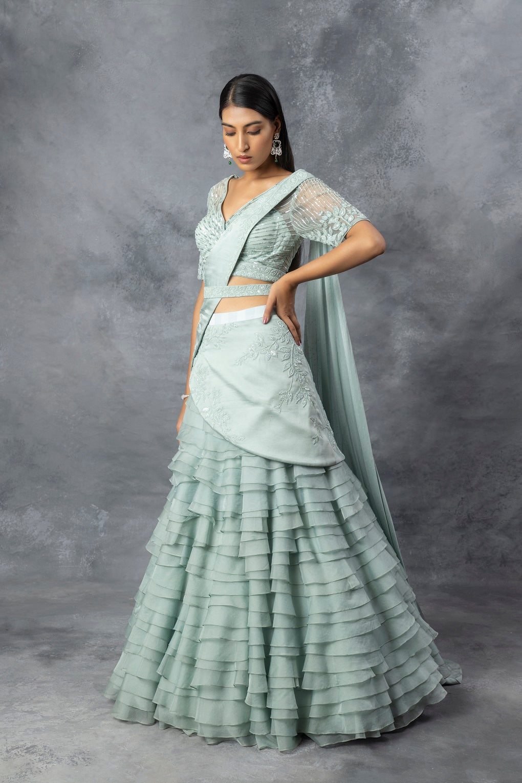 Powder Blue Lehnga Saree Set