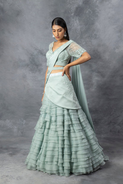 Powder Blue Lehnga Saree Set