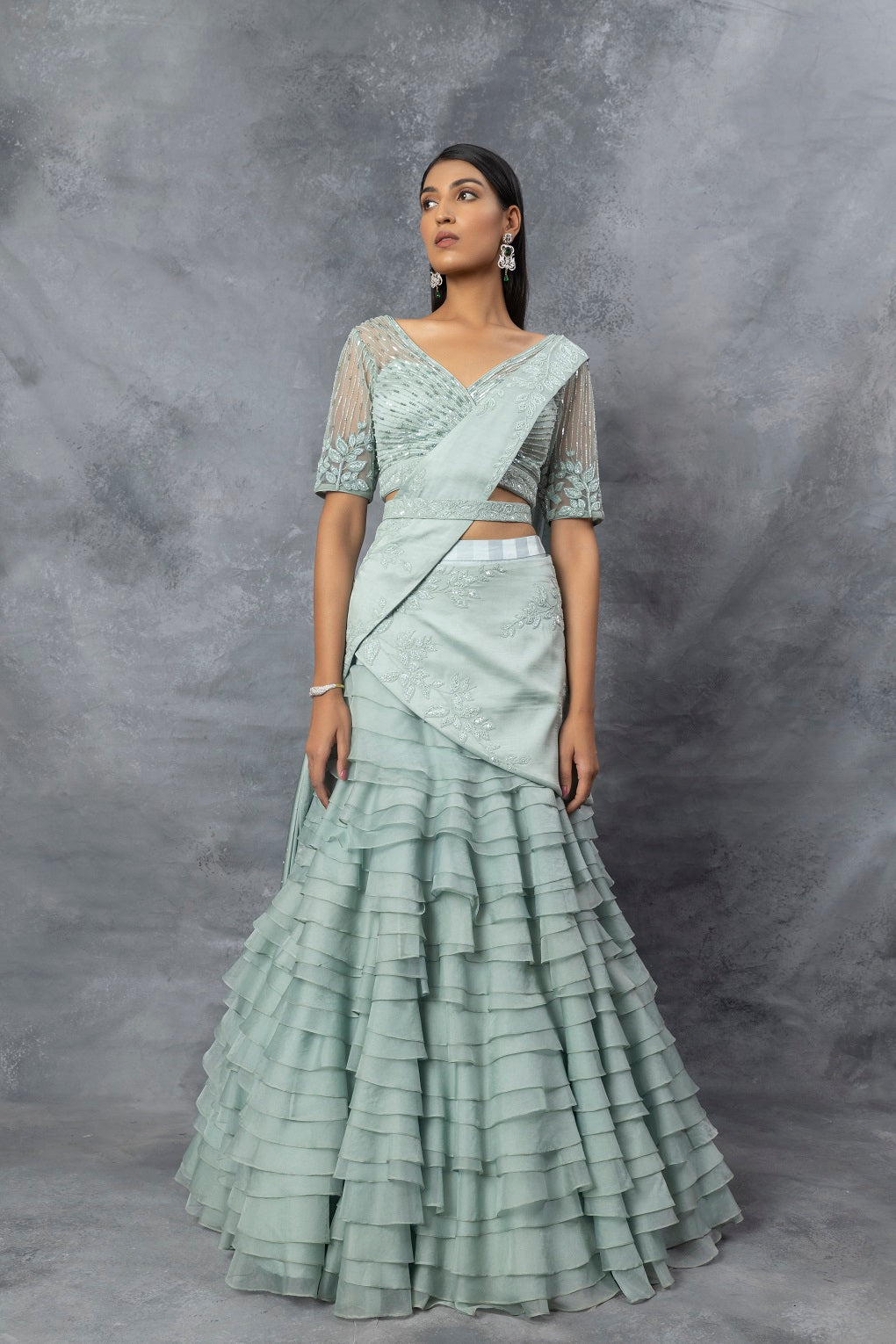 Powder Blue Lehnga Saree Set