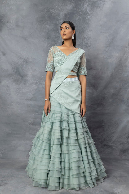 Powder Blue Lehnga Saree Set