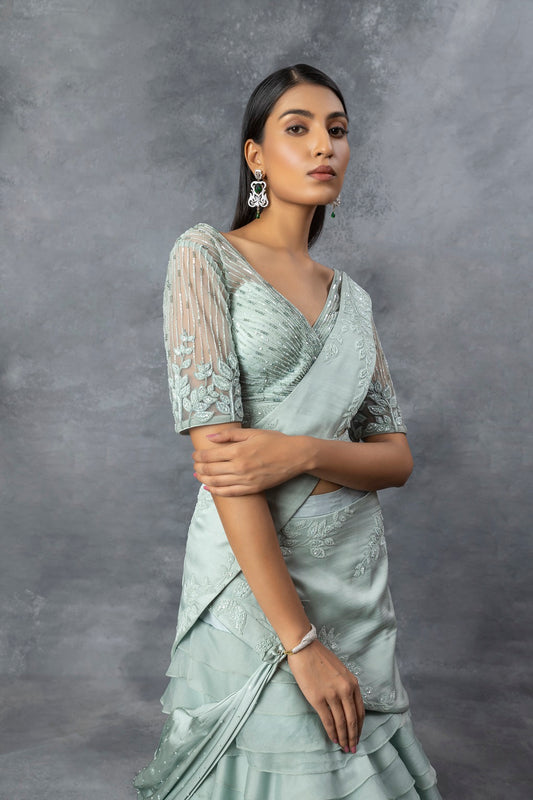 Powder Blue Lehnga Saree Set