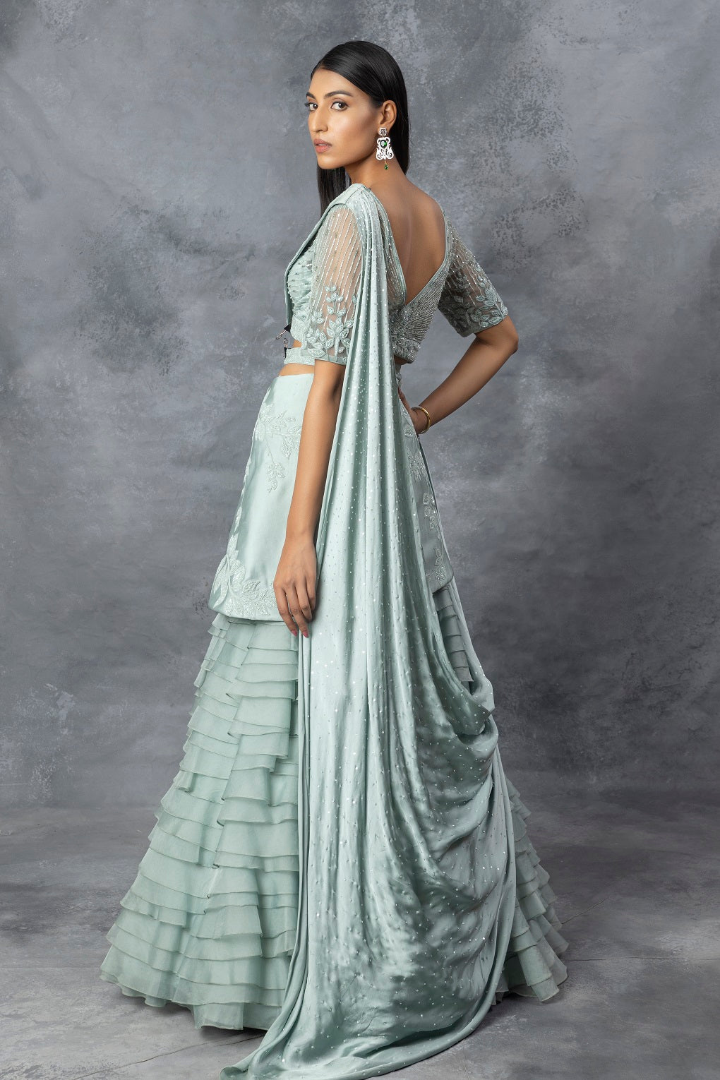 Powder Blue Lehnga Saree Set