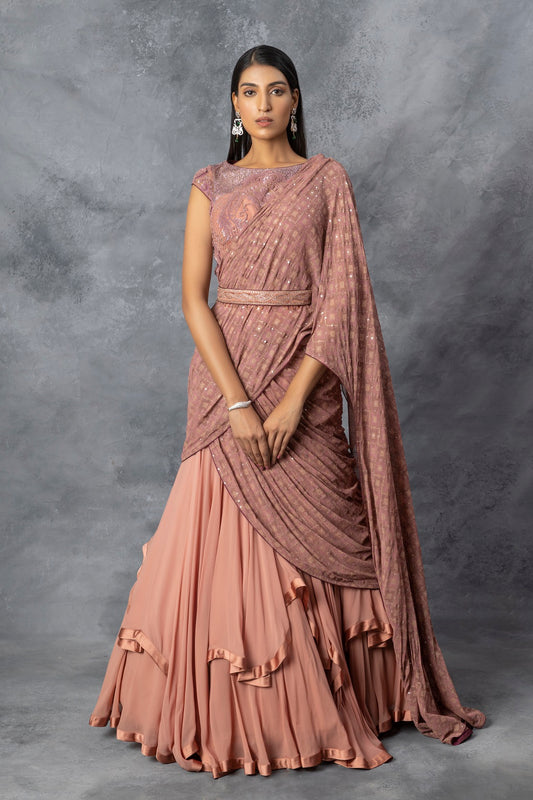 Dull Coral Lehenga Saree Set