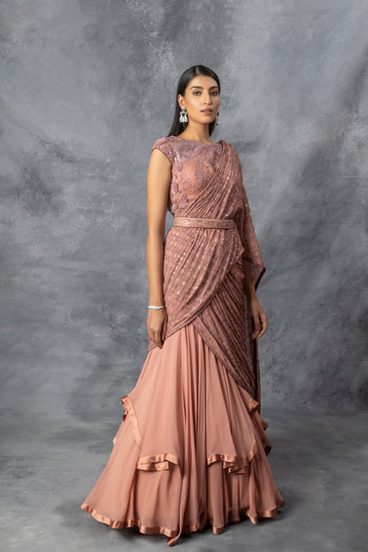 Dull Coral Lehenga Saree Set