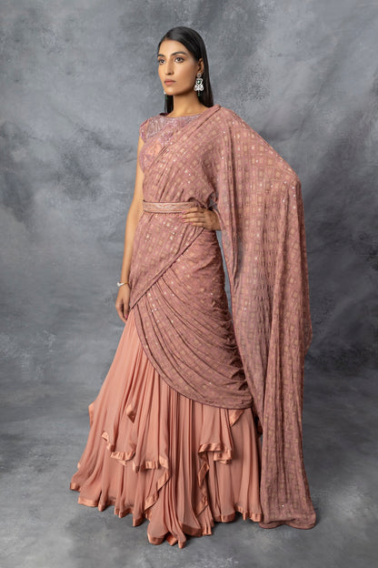 Dull Coral Lehenga Saree Set