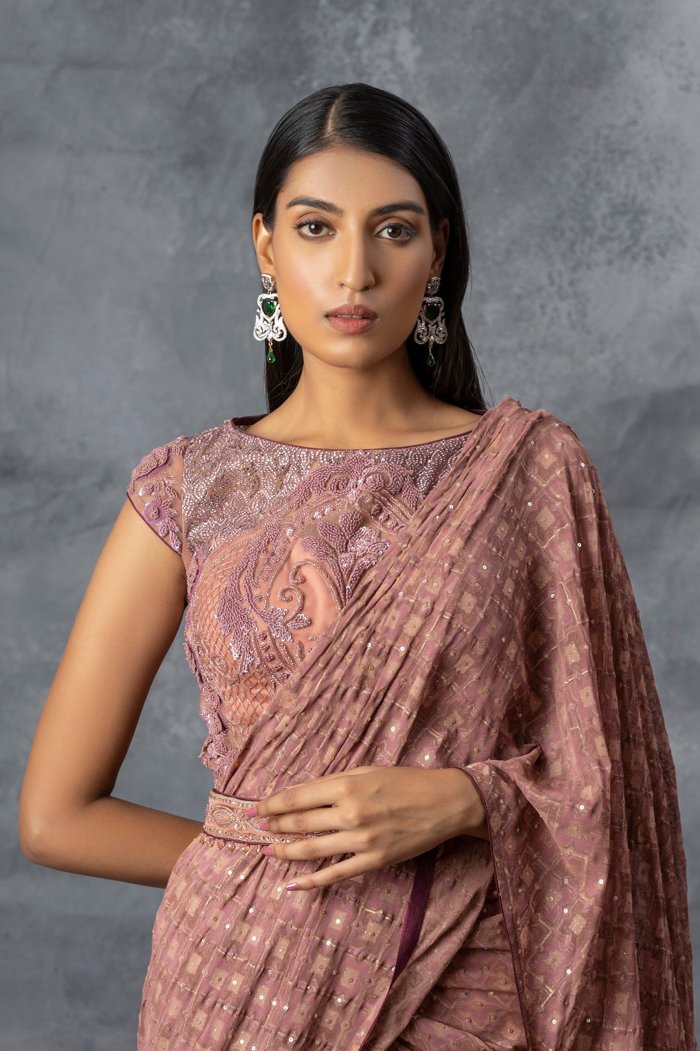 Dull Coral Lehenga Saree Set