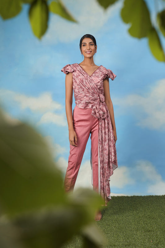 Satin Chanderi Drape Top with Cotton Lycra Pants
