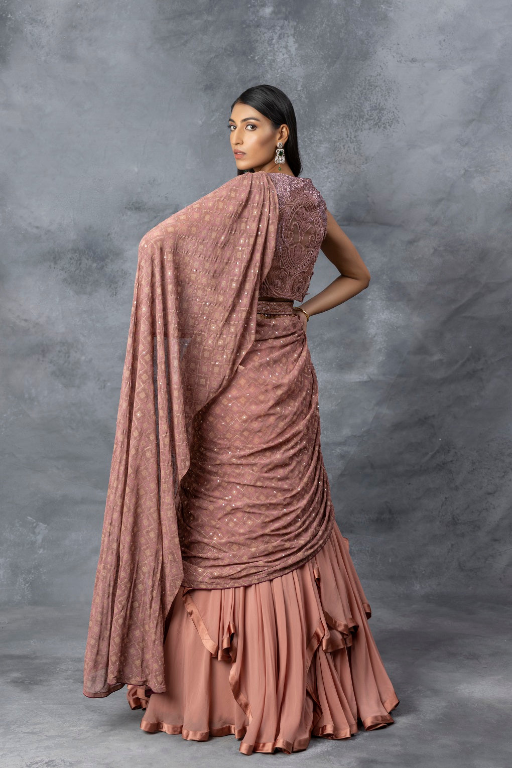 Dull Coral Lehenga Saree Set